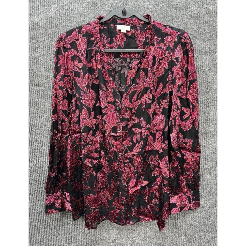 J. Jill Burnout Semi Sheer Top Womens Large Red Black Floral Button Long Sleeve